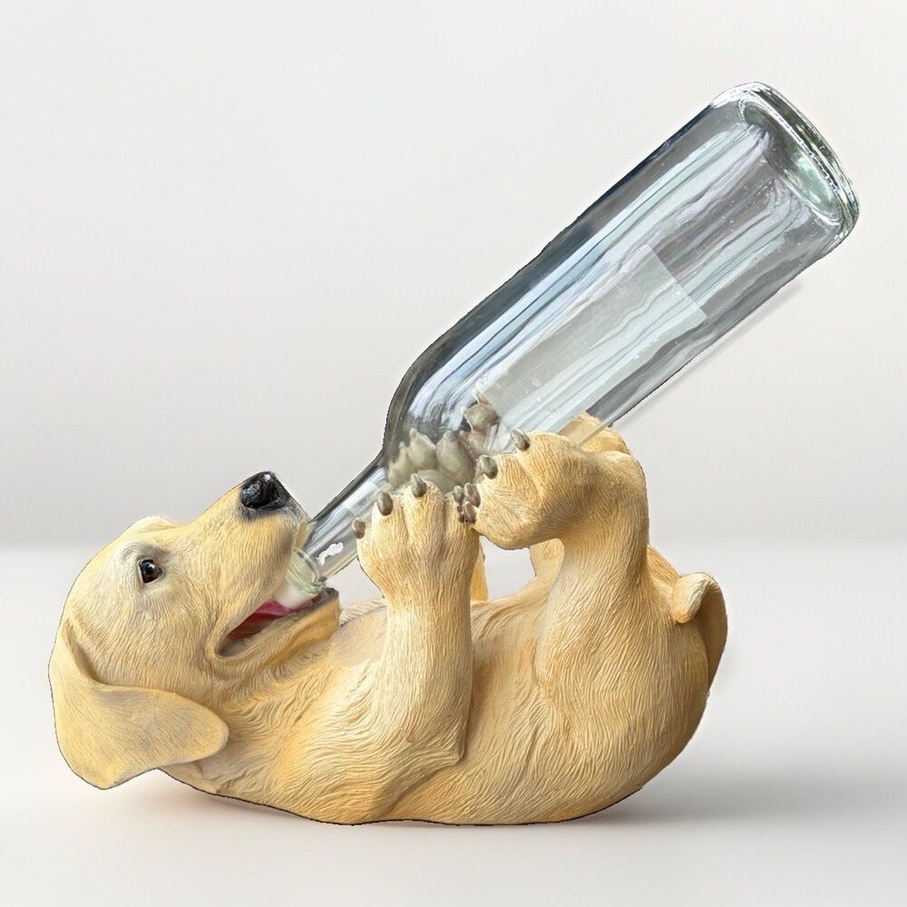 Yellow Lab Dog Wine Bottle Holder Playful Pup Labrador Retriever Resin Bar Gift